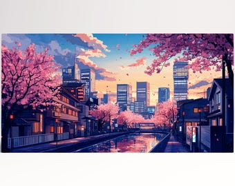 Cherry Blossom Cityscape Anime PETA Approved Faux Leather Wall Art