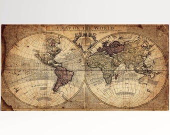 Vintage World Map Leather Print: Large Antique Style Wall Art