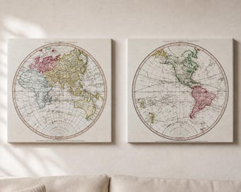 Vintage World Hemisphere Maps Gallery Wrap, Eco Leather Wall Art, History Lovers Gift
