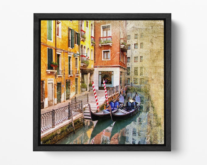 Venezia Gondole Artwork Square Canvas Eco Leather Print, Made in Italy!