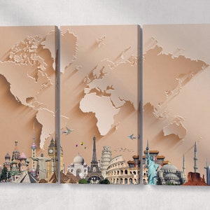 Bronze World Map With Monuments 3D Effect Leather Print/Large World Map/World Map Artwork/Multi Pieces World Map/Better than Canvas!