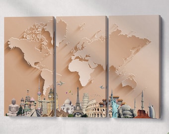 Bronze World Map: 3D Monuments Vegan Leather Print