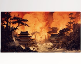 Fiery Skies Japanese Temple PETA Approved Faux Leather Wall Art