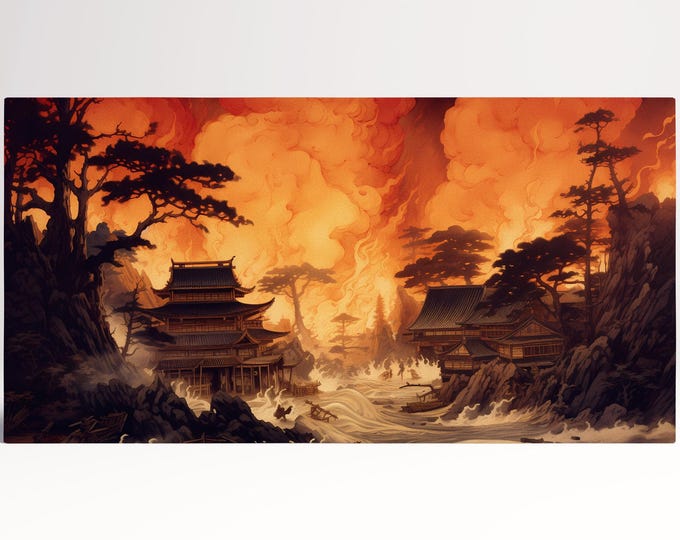 Flames of Eternity Japanese Temple Under Fiery Skies Framed Art Print Wall Decor on Eco Leather Canvas, Made in Italy!