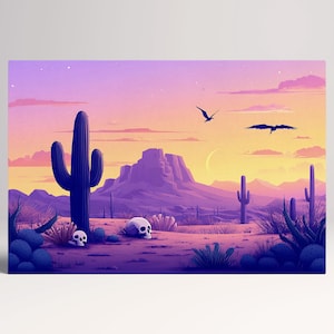 Crepuscolo nel Deserto Stile Cartone Animato Canvas Stampa su Tessuto Ecopelle, Made in Italy!