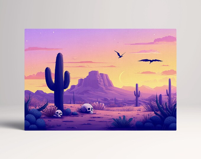 Desert Cartoon Purple Twilight Wall Art Eco Leather Home Decor Canvas Print, Made in Italy!