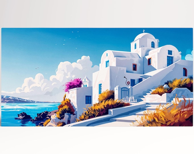 Mediterranean Greece Santorini-Inspired Coastal Wall Art Home Decor Framed Canvas Print, Made in Italy!