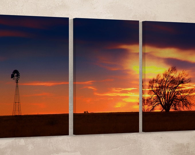 3 Panel Texas Sunset Leather Print/Large Wall Art/3 Pieces Wall Art/Large Texas Print/Large Wall Decor/Made in Italy/Better than Canvas!