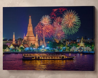 Wat Arun Bangkok Fireworks PETA Approved Faux Leather Canvas Wall Art