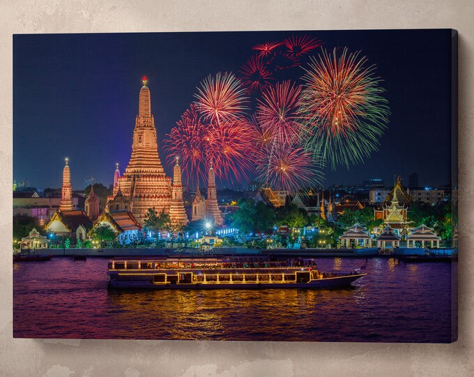 Wat Arun temple Bangkok city wall art canvas eco leather print, Made in Italy!