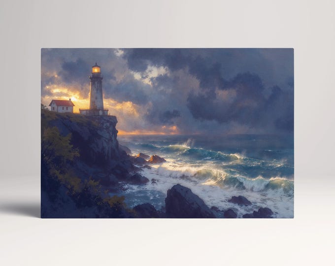 Stormwatch Beacon Dramatic Lighthouse Ocean Scene Wall Art Home Gift Eco Leather Print