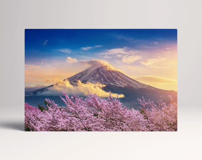 Fuji Cherry Tree Blossom Japan Home Gift Wall Art Canvas Eco Leather Print, Made in Italy!