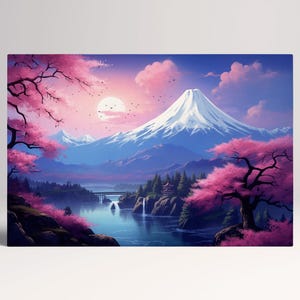 Maestosa Sakura Sotto la Montagna Innevata: Paesaggio Giapponese al Tramonto Decorazione da Parete Stampa Tessuto Ecopelle, Made in Italy!