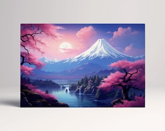 Sakura Mountain Sunset Wall Art Vegan Leather Canvas Print Ready to Hang