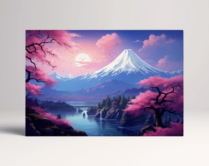 Majestic Sakura Under the Snow-Capped Mountain: A Breathtaking Sunset Landscape Canvas Home Art Wall Decor Eco Leather Print, Made in Italy!