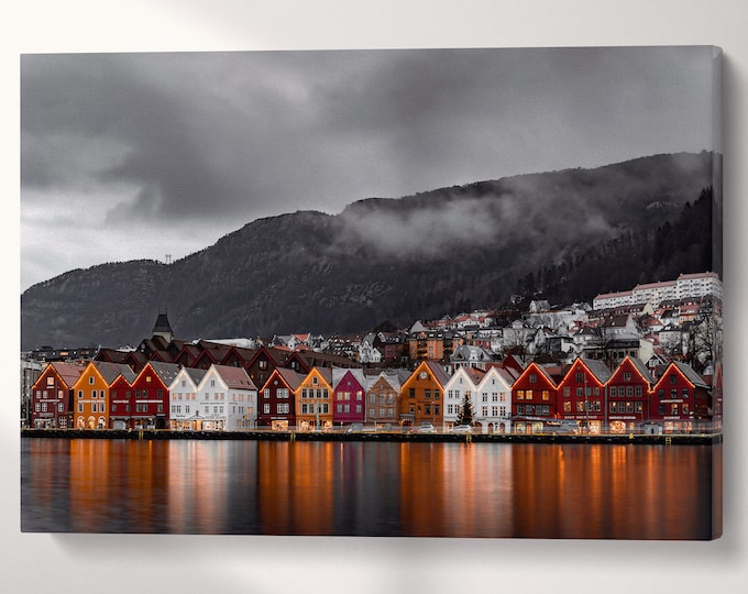 Bryggen, Bergen, Norway Gray Scale Canvas Wall Art Eco Leather Print, Made in Italy!