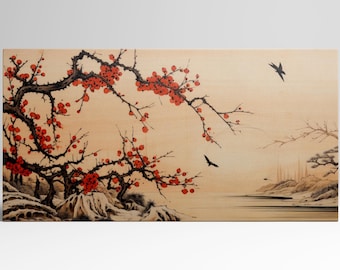 Red Blossom Bird Art Flight PETA Approved Eco Leather Single Triptych Wall Art