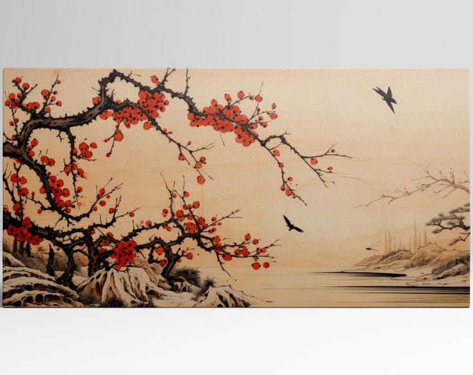 Serenity in Flight: Red Blossoms & Birds Wall Art Print