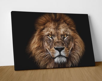 Lion Face Portrait Vegan Leather Wall Art Canvas Print Bold Wildlife Decor