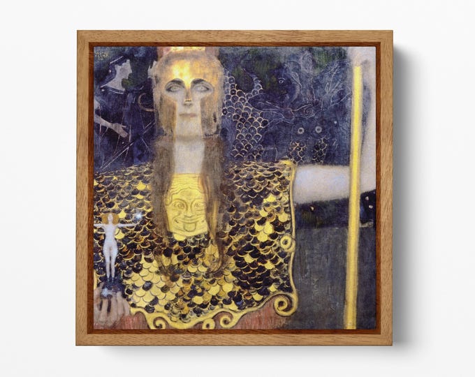 Pallas Athene by Gustav Klimt Vegan Leather Print Canvas Wall Art Reproduction
