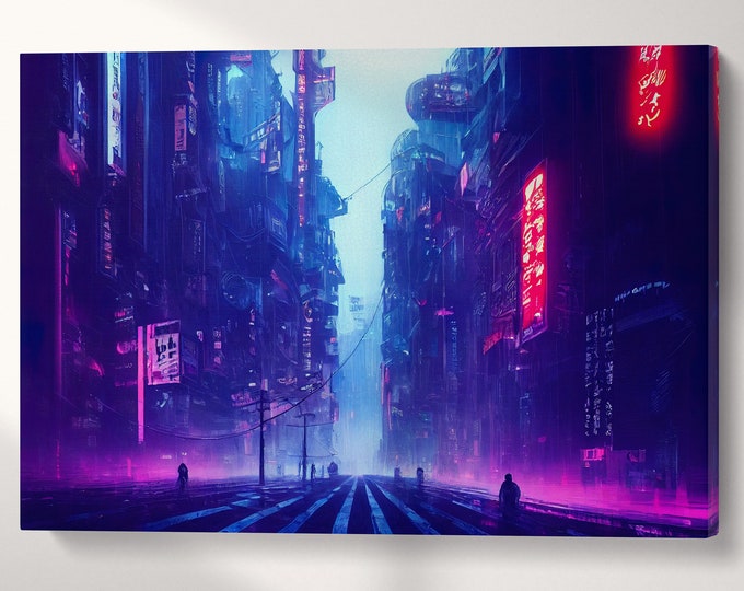 Cyberpunk City Japan Lights Canvas Wall Art Home Decor Leather Print, Made in Italy!