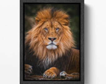 Lion Blue Eyes Portrait PETA Approved Eco Leather Canvas Floating Frame
