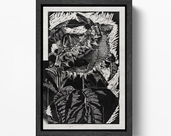 Withering Sunflower Woodcut Monochrome Botanical Art Ethical Wall Art Print on Vegan Leather