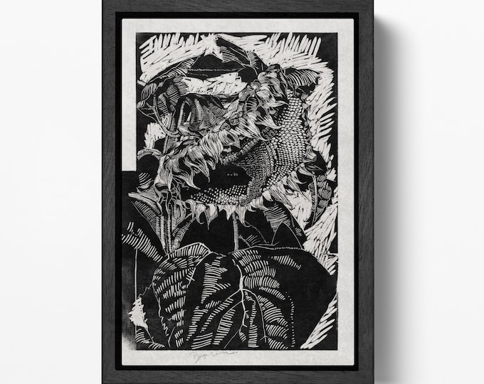 Withering Sunflower Woodcut Monochrome Botanical Art Ethical Wall Art Print on Vegan Leather