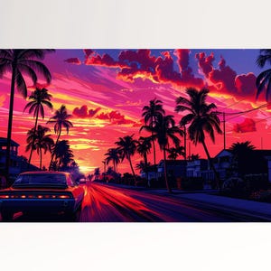 Hawaii Guida al Tramonto Retrò Palme Vibranti Stampa da Arredo su Tessuto Ecopelle Made in Italy