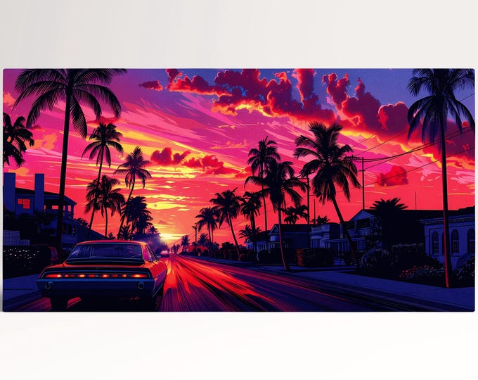 Retro Sunset Drive Vibrant Palms Hawaii Wall Decor Eco Leather Canvas Print, Made in Italy!