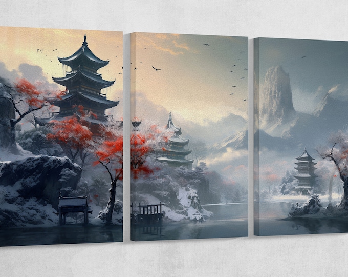 Pagoda River Snow Mountains Japan Anime Landscape Wall Art Home Decor Framed Canvas Print, Made in Italy!