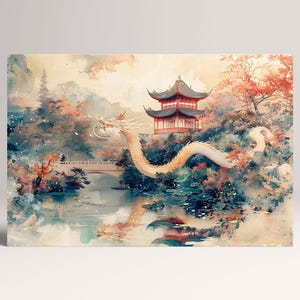 Majestic Dragon in Chinese Pagoda Landscape Wall Art Home Decor Eco Leather Print, Made in Italy!