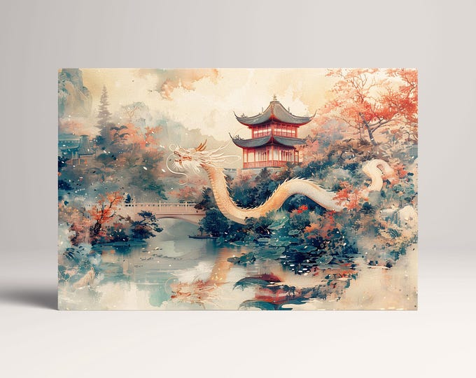 Majestic Dragon in Chinese Pagoda Landscape Wall Art Home Decor Eco Leather Print, Made in Italy!