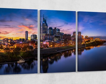 Nashville Skyline Sunset Leather Print/Extra Large Wall Art/Nashville Multi Panel Print/Large Wall Decor/Made in Italy/Better than Canvas!