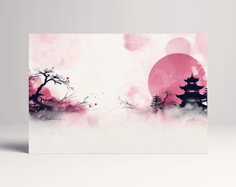 Cherry Blossom Pagoda Wall Art Vegan Leather Print Ready to Hang