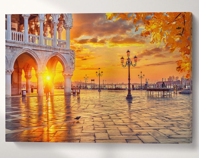 San Marco Square at Sunrise Venice Eco Leather Canvas Print, Made in Italy!