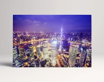 Shanghai Skyline Night China PETA Approved Eco Leather Canvas Triptych or Single Art