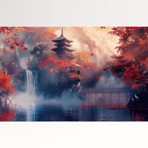 Tempio samurai sul lago in autunno anime Giapponese canvas stampa su tessuto ecopelle Made in Italy