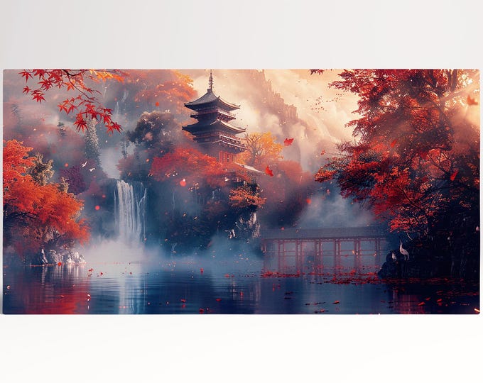 Serenity in the Crimson Mist A Samurai Autumn Reverie Anime Wall Art Home Decor Framed Canvas Print, Made in Italy!