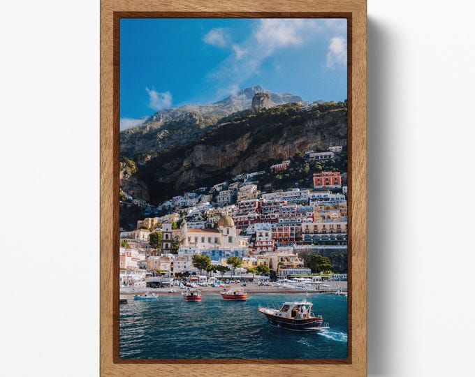 Amalfi Coast Canvas Framed Wall Art Home Decor Eco Leather Print, Made in Italy!