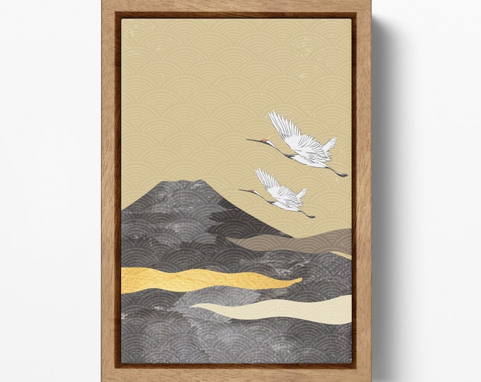Japan Fuji Herons Wall Art Canvas Eco Leather Print, Made in Italy!