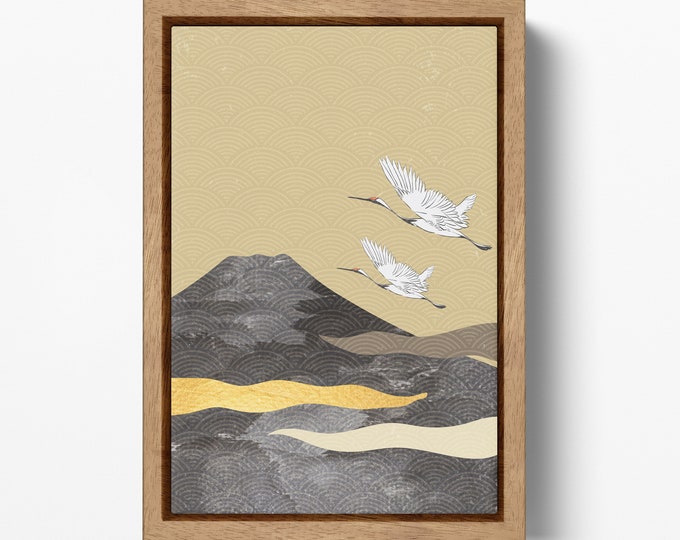 Japan Fuji herons wall art canvas eco leather print, Made in Italy!