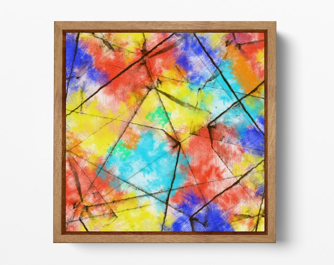 Minimalistic Abstract Colors Canvas Wall Art Floating Frame Eco Leather Print, Made in Italy!