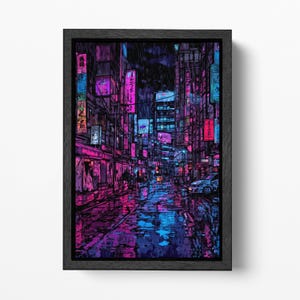 Neonowa ulica miasta w deszczu - obraz na płótnie Cyberpunk | Futurystyczna scena nocna | Dekoracja ścienna Sci-Fi z nadrukiem ze skóry ekologicznej, wyprodukowana we Włoszech!