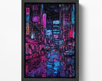 Cyberpunk Cityscape Canvas Art: Neon Rain, Sci-Fi Decor