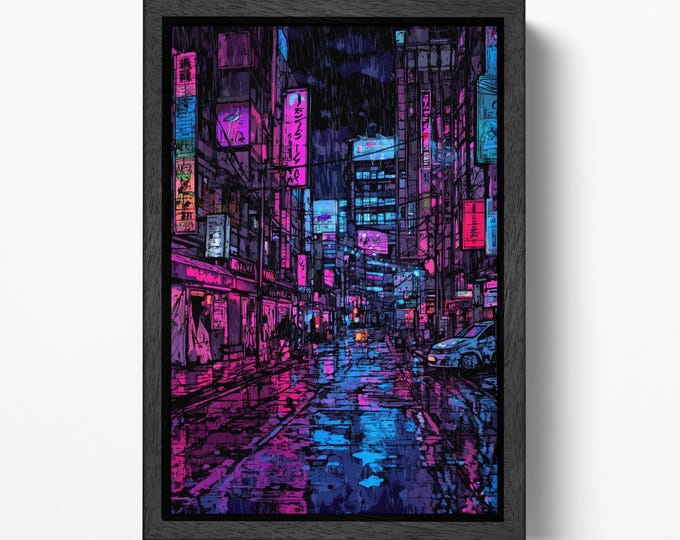 Neon City Street in the Rain - Cyberpunk Canvas Art | Futuristic Night Scene | Sci-Fi Wall Decor Eco Leather Print, Made in Italy!