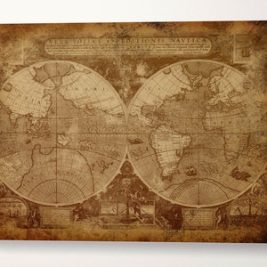 Vintage Old World Map in Hemispheres Canvas Leather Print/Vintage World Map/Large Wall art/Large World Map/Made in Italy/Better than Canvas!