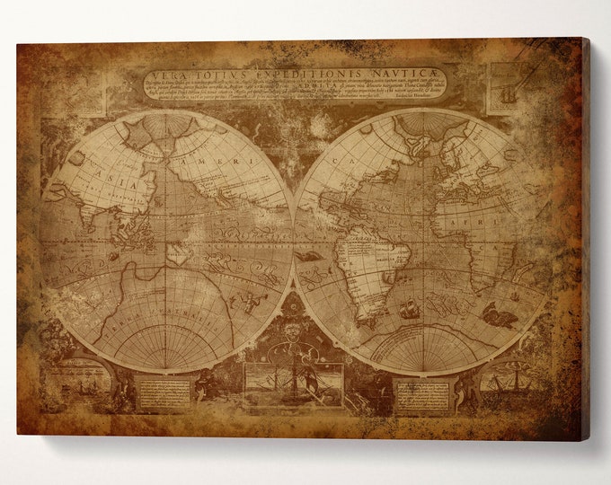 Vintage Old World Map in Hemispheres Canvas Leather Print/Vintage World Map/Large Wall art/Large World Map/Made in Italy/Better than Canvas!