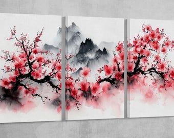 Cherry Blossom Canvas Print: Misty Mountain Vegan Leather Wall Art