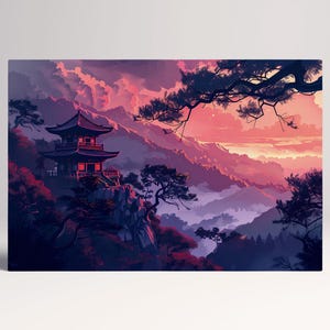 Tramonto Giapponese su Montagne Toni Rossi Canvas Stampa su Tessuto Ecopelle, Made in Italy!